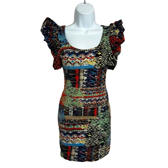 Forever 21 Mini Dress Sz S 80's 90's Inspired Bodycon Fitted Stretch Puff Sleeve - Picture 2 of 5